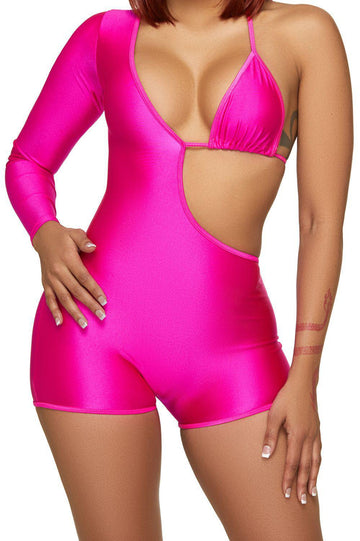 Fuchsia One Sleeve Bikini Romper